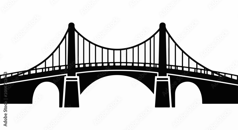 Fototapeta premium Silhouette of a suspension bridge with cables over arches