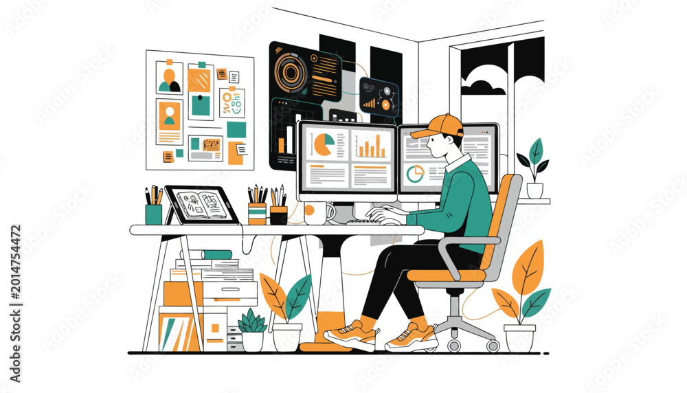 Fototapeta premium Office worker, modern workspace, business professional, desk setup, illustration