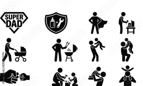 Super dad icon set fatherhood parenting and family activities illustrations