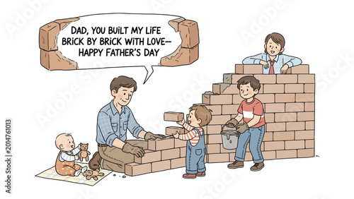 Fotografía Father's Day Dedication: A heartwarming scene where a father is building a brick wall with his children, symbolizing the strength and love a father provides