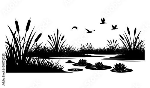 Fotografi Black and white wetland silhouette vector landscape with reeds birds and marsh p