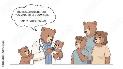 Foto Heartfelt Father's Day Tribute: A touching illustration portrays a bear doctor tenderly caring for a baby bear, surrounded by a loving family