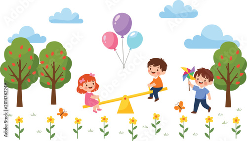 Tableau sur toile Children Playing on a Teeter Totter with Balloons and Pinwheels in a Garden