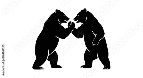 Картината върху платно Two silhouette bears wrestling or shaking hands, graphic illustration