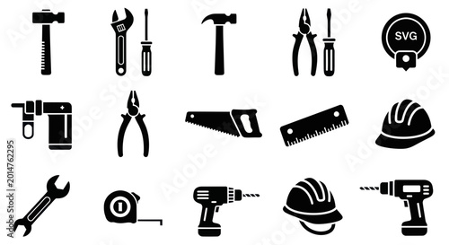 Slika na platnu Collection of Construction and DIY Tools Icons, Black Silhouettes on White Backg