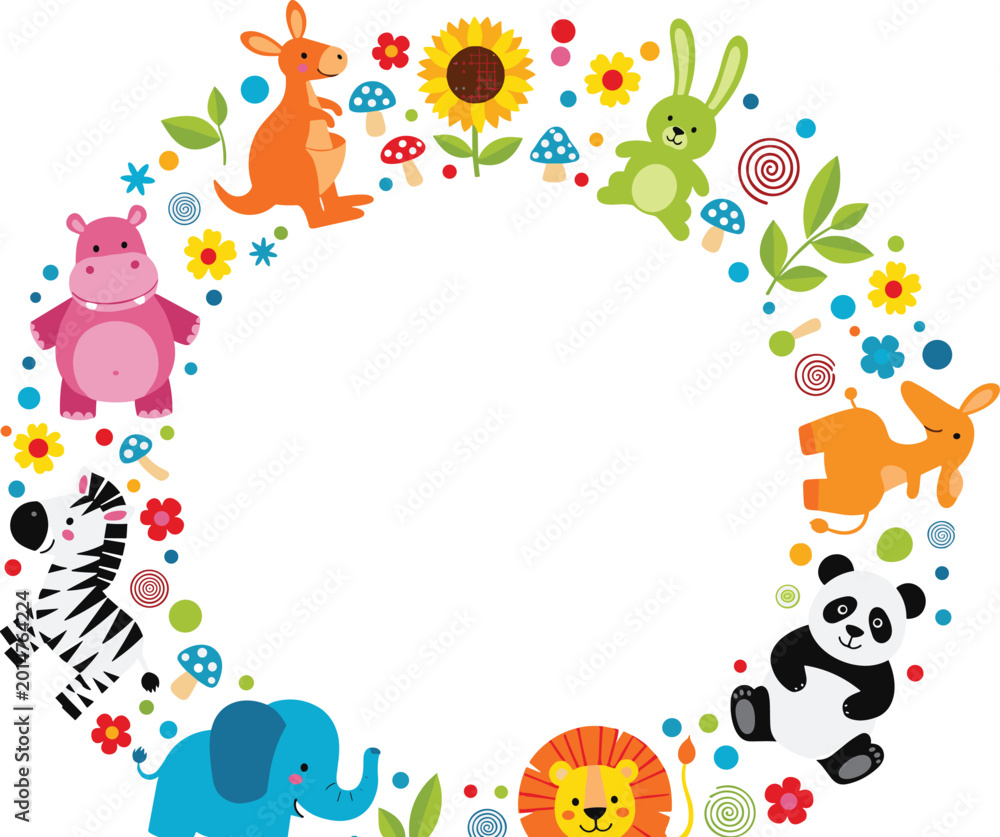 Fototapeta premium Colorful Animal and Flower Circle Frame Design Featuring Cute Zoo Animals