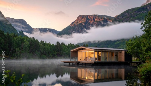 Modern floating cabin reflects on calm mountain lake at sunrise with misty peaks