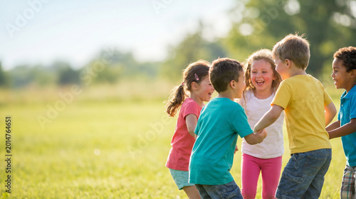 Joyful children dancing in a circle on a sunny day in a lush green park, wearing colorful clothing, with a blurred natural background and bright atmosphere