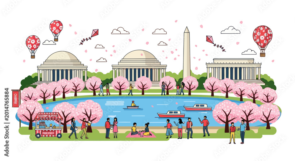 Fototapeta premium Washington DC Cherry Blossom Festival Scene with People, Monuments, and Hot Air Balloons
