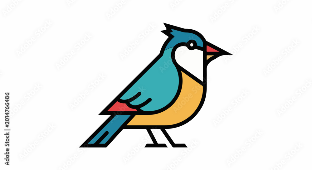 Obraz premium Stylized blue and yellow bird with red wing accents, graphic design
