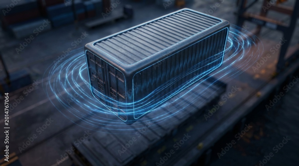 Fototapeta premium Shipping container with glowing blue energy waves in industrial port