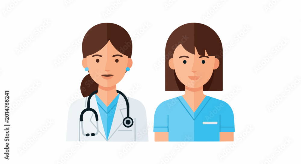Fototapeta premium Two women in medical attire, one a doctor, the other a nurse