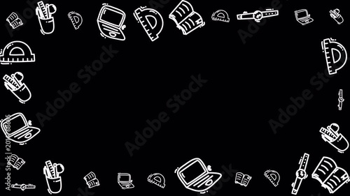 School Supplies Line Art Animation Loop 4K Transparent
