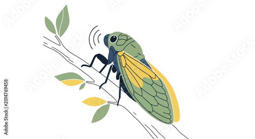 Cicada insect on branch with leaves, sound waves illustration