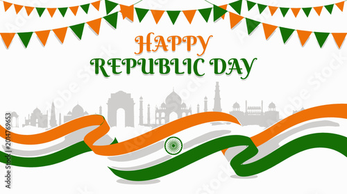 Celebrate India Republic Day with patriotic imagery featuring the national flag colors and a silhouette of iconic landmarks creating a festive and commemorative atmosphere perfect for national
