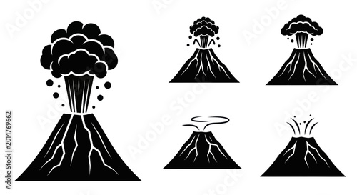 Photos Volcano Eruption Icons Set - Danger, Power, Natural Disaster Symbols