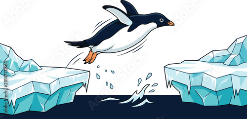 Konstfotografi Penguin jumping between ice floes in the Antarctic, vector illustration of wildlife in a frozen polar landscape