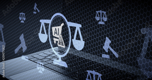 Bild auf Leinwand Artificial Intelligence shopping alert and legal warning signs on a laptop compu
