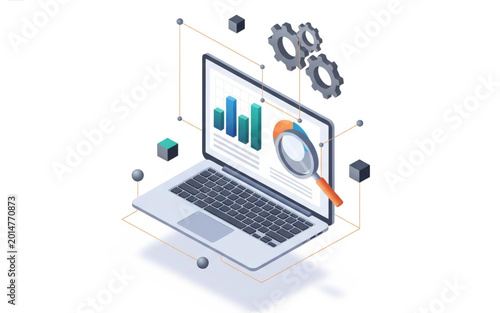 Laptop with business analytics charts and a magnifying glass. Isometric illustration for data-driven insights, strategic decision-making, and digital transformation concept