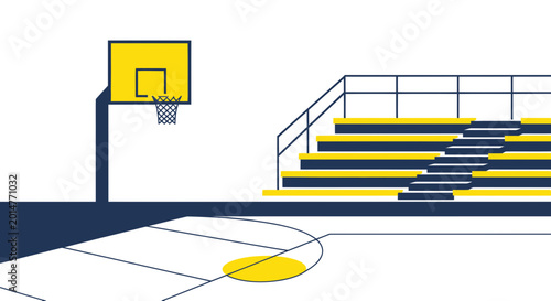 Canvastavla Empty basketball court with bleachers and hoop, minimalist illustration, sports