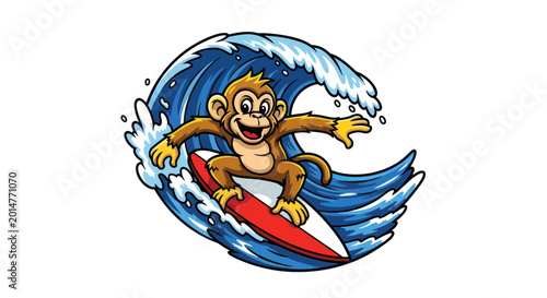 Canvas Print Happy Monkey Surfing Big Ocean Wave on Red Surfboard