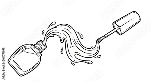 Nail Polish Spilling from Bottle with Brush - Hand-Drawn Illustration