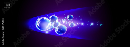 Foto Set of realistic vector water bubbles with glowing blue light effect, sparkling ocean foam, and transparent underwater spheres on dark background