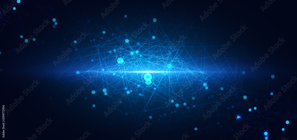 Fototapeta premium Futuristic technology background featuring glowing blue nodes connected by thin lines.