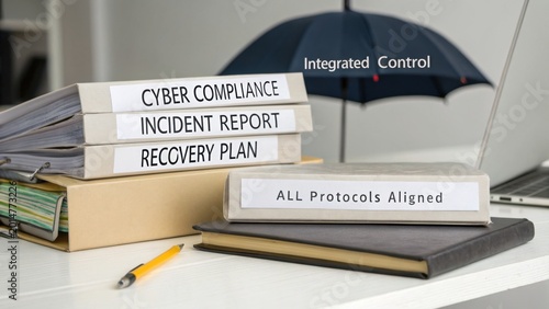 Organized Documents Related to Cyber Compliance, Incident Report, Recovery Plan, and Protocol Alignment Under an Umbrella on a Modern Desk