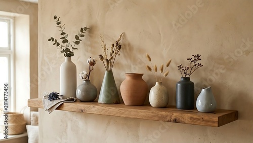 Collection of assorted ceramic and terracotta vases with dried flowers