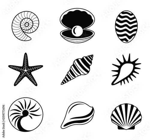 Canvastavla Collection of Black and White Seashell and Starfish