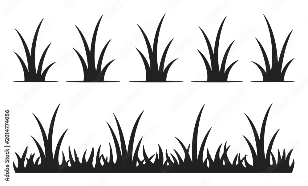 Fototapeta premium Black Silhouette Grass Clumps and Border on White Background