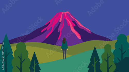 Fotografía Woman standing in colorful landscape admiring a vibrant volcano at night