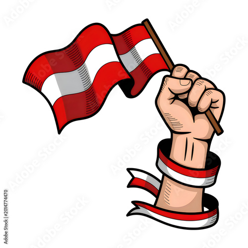 Hand holding megaphone with red and white striped ribbon isolated on transparent background