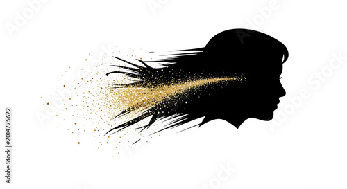 Woman Silhouette with Golden Glitter Flowing Hair