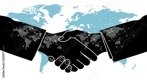 Global Business Partnership Handshake with Networked World Map