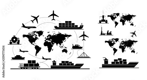 Global Logistics and International Cargo Transport Network Icons