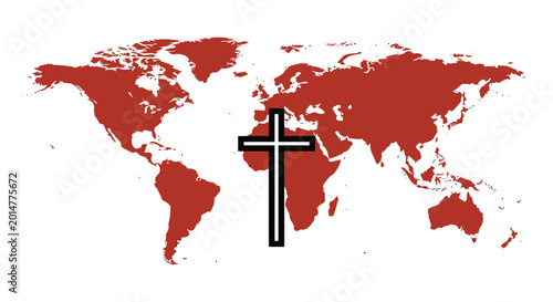 Christian cross symbol on red world map background