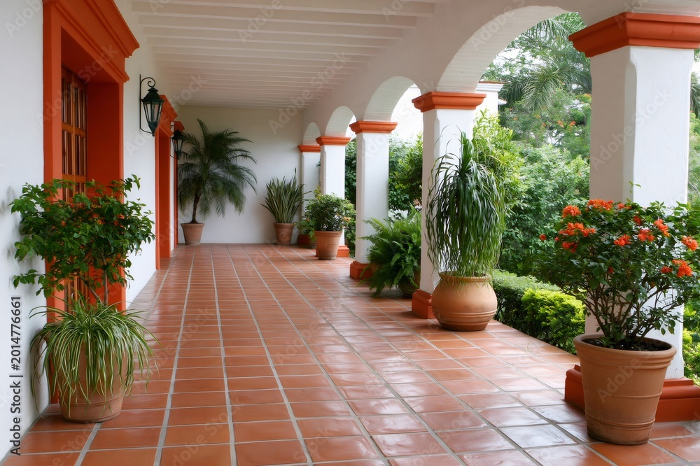 Naklejka premium Hacienda colonial style porch with potted plants