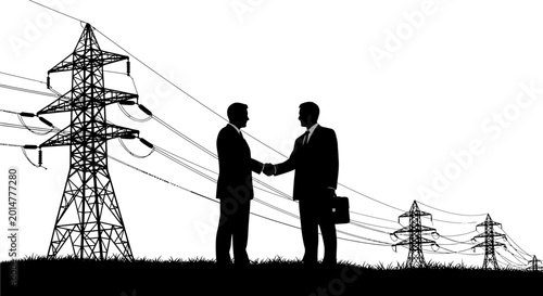 Silhouette of business partners shaking hands near power lines