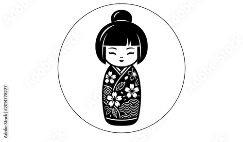 Black and white illustration of a traditional japanese kokeshi doll in a kimono with floral patterns