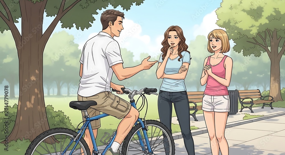 Obraz premium Man on Bicycle Talking to Two Women in Park