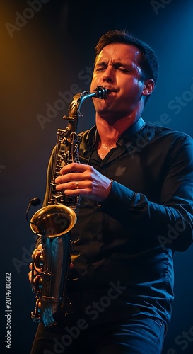 A male musician playing the saxophone on stage during a live concert performance.