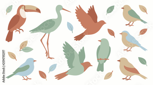 Foto Cute minimalist bird collection illustration with leaves in flat modern style