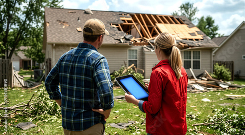 Insurance assessor and contractor examining stormdamaged house with tablet for repair evaluation and claim processing