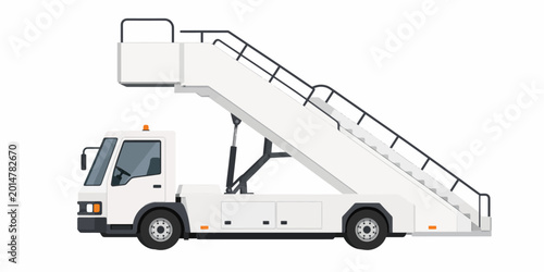 A white truck with an attached boarding stairway is parked on a surface for loading passengers.