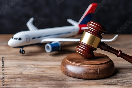 Airplane lawsuit and justice concept featuring aviation symbolism and legal balance representing travel law compensation and claims.