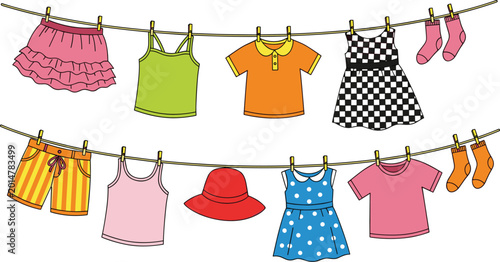 Quadro su tela Summer Clothing Collection Hung on a Line Including Dresses, Shorts, Shirts, and