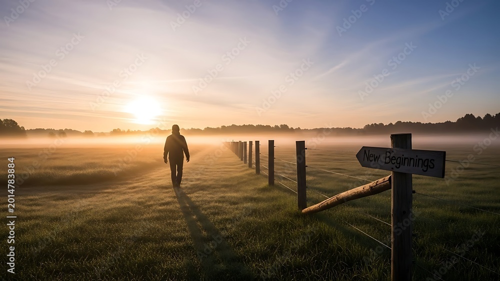 Fototapeta premium Person walking alone in rural landscape.