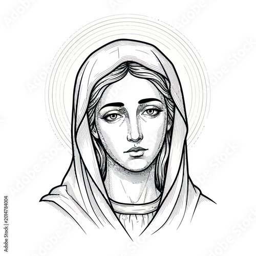 Portrait of Virgin Mary, Religious Icon, Catholic Art, Black and White Drawing